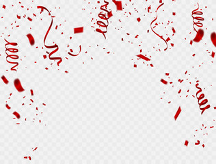 Celebration background template with confetti and red ribbons. Vector illustration
