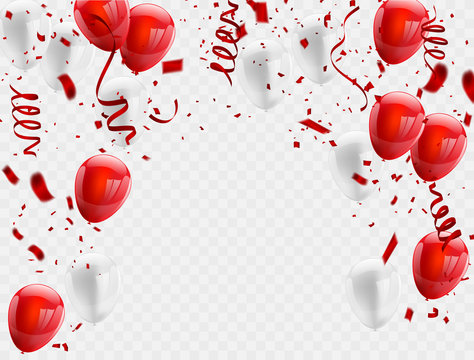 Red White balloons, confetti concept design background. Celebration Vector illustration.