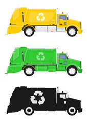 A set of three garbage truck. Side view. Flat vector.