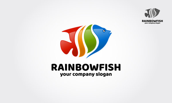 Rainbow fish Logo Template is hip & outstanding sign, smiling fish made with rainbow colored stripes.