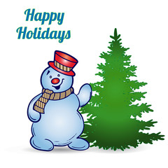 Cheerful snowman in hat and scarf and Christmas tree, cartoon on white background, vector