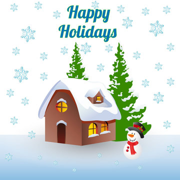 Christmas illustration (winter), house in the woods and a snowman, cartoon on a white background and snowflakes,