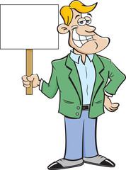 Cartoon illustration of a smiling man holding a sign.