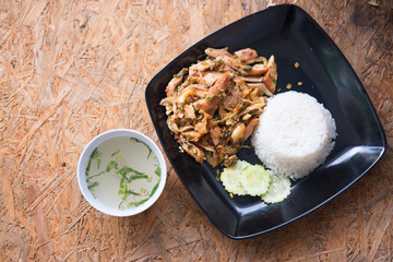 Grilled chicken spicy salad serve with cooking rice