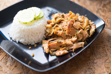 Grilled chicken spicy salad serve with cooking rice