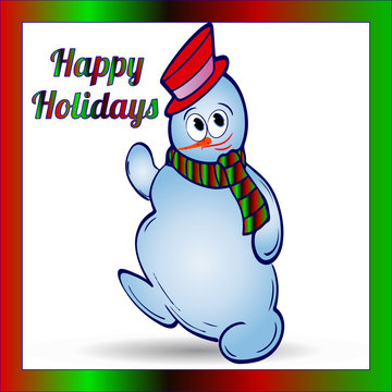 Cheerful christmas snowman in hat and scarf, in color gradient frame, cartoon on white background,