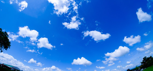 Fisheye lens picture of clouds on blue sky.