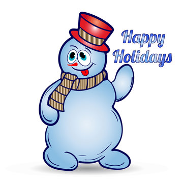 Cheerful christmas snowman in hat and scarf, shows tongue, cartoon on white background,