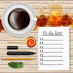 To-do list, a cup of coffee and a lollipop on a white background with grunge stains.