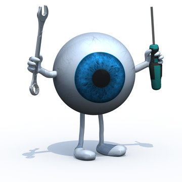 big blue eyeball with arms, legs and tools on hands, 3d illustration