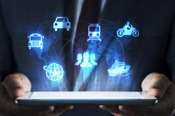 Transportation concept on tablet with hologram