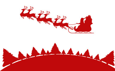Red Silhouette. Santa claus flying with reindeer sleigh over the forest.