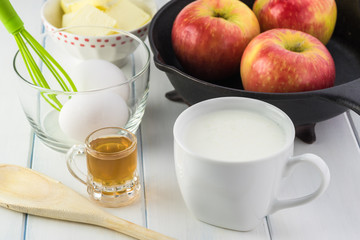Ingredients for cardamom cognac apple cake.