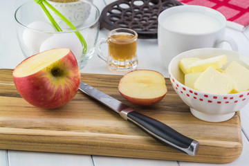 Ingredients for cardamom cognac apple cake.