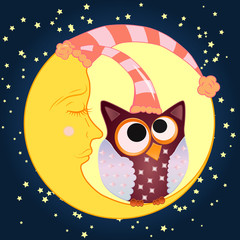 A sweet cartoon owl with eyes closed to the middle in a sleeping cap sits on a drowsy crescent in a sleeping cap against the background of a night sky with stars