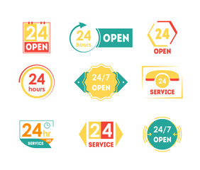 Obraz premium Cartoon 24 Hours Open Service Tag Icon Set. Vector