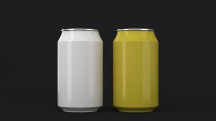 Two small white and yellow aluminum soda cans mockup on black background