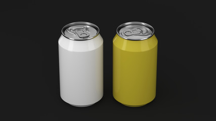 Two small white and yellow aluminum soda cans mockup on black background