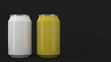 Two small white and yellow aluminum soda cans mockup on black background