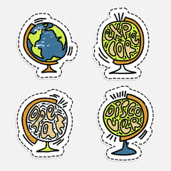 Set of vector hand draw globe with lettering about travel , dream and explore. Globe travel stickers - journey and adventure around the world vector illustration. Vector illustration of hand draw