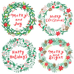 Chriatmas wreath with berries, fir branches and lettering. Round frame for winter design. Vector background