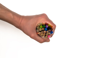 Male hand holds a color pencils isolated on white background.