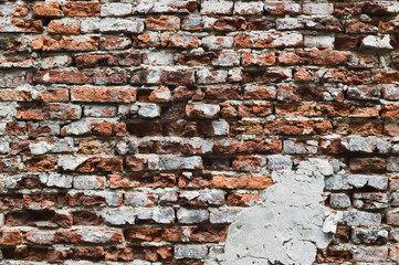 Old Vintage Red Brick Wall With Sprinkled White Plaster Texture Background