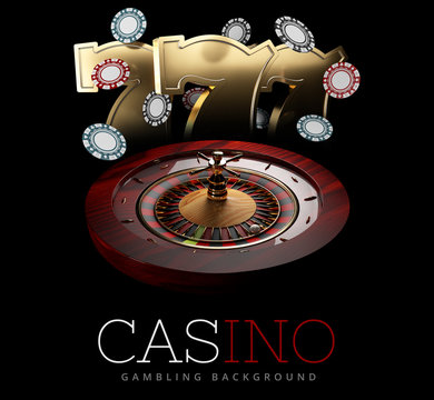 Casino Roulette Wheel with a ball and slot machine signs. isolated black, 3D Rendering