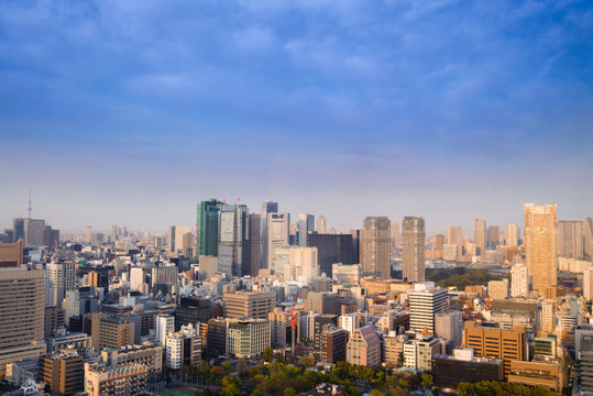 Landscape of tokyo city skyline in Aerial view with skyscraper, modern office building and sunset sky background in Tokyo metropolis, Japan.