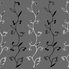 delicate black and white floral seamless pattern on a gray background
