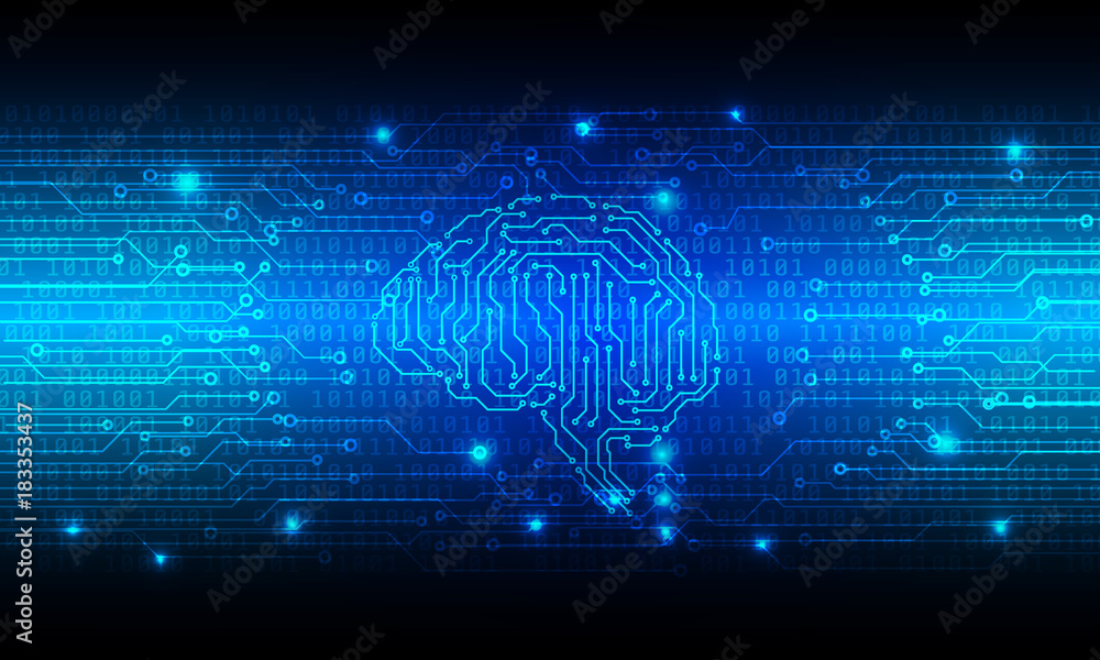 Poster Circuit Board With Encoder And Decoder Binary Code Vector Background. Blue Abstract Brain Security Technology Illustration.