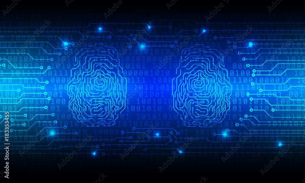 Aufkleber Circuit Board With Encoder And Decoder Binary Code Vector Background. Blue Abstract Double Fingerprint Security Scan Illustration.