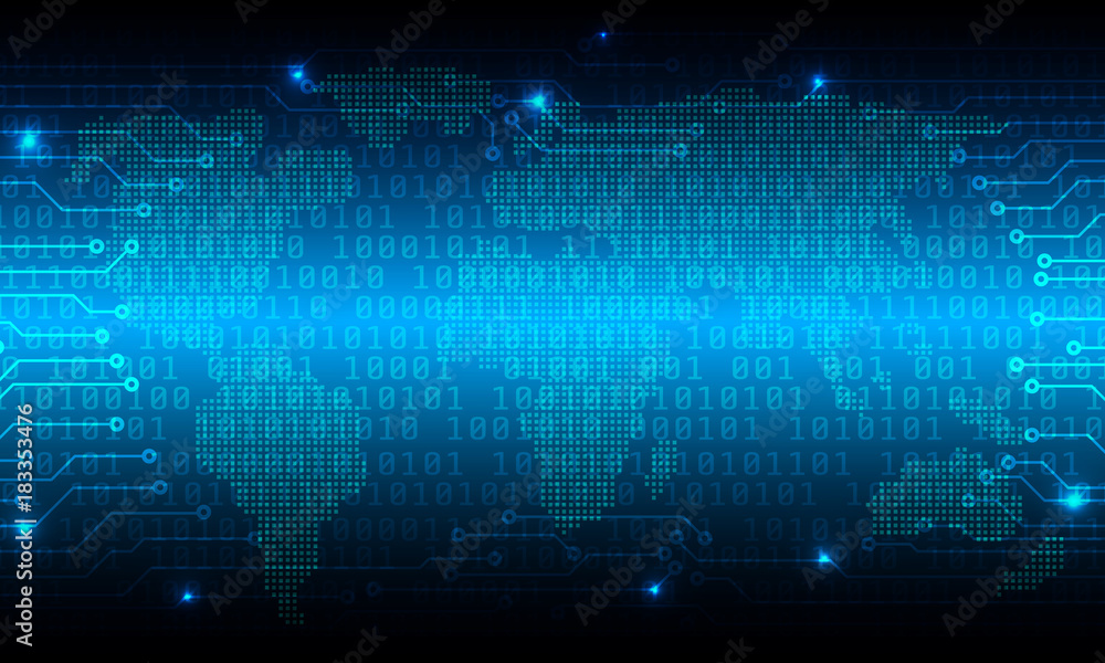 Poster Circuit Board With Encoder And Decoder Binary Code Vector Background. Blue Abstract Illustration Technology World Map Communication Concept.