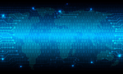 Obraz premium Circuit Board With Encoder And Decoder Binary Code Vector Background. Blue Abstract Illustration Technology World Map Communication Concept.