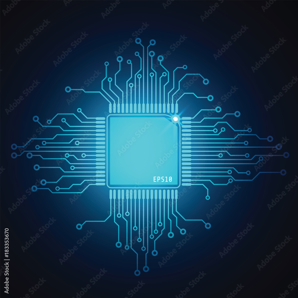 Aufkleber Blue Technological Microprocessor Vector Background. Abstract CPU Chip With Circuit Board Connection Pad.