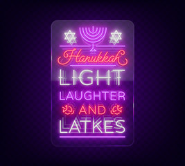 Happy Hanukkah, greeting card in a neon style. Vector illustration. Neon luminous text on the subject of Chanukah. Bright banner, luminous festive sign. Jewish holiday. Neon sign on transparent glass