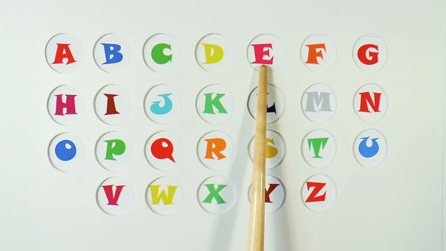 The video shows wooden pointer and the English alphabet