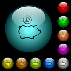 Ruble piggy bank icons in color illuminated glass buttons