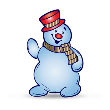 Cheerful christmas snowman in hat and scarf, cartoon on white background,