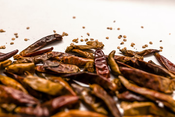 Lot of dried chili as a food background. Cayenne pepper or paprika