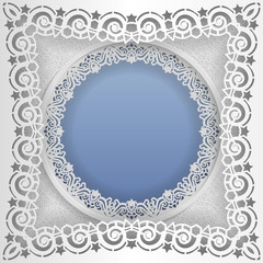 Round white frame in an square frame with lace edges and a abstract background inside. Template for wedding and other congratulations. In the middle there is space for text, pictures, photos. Vector.