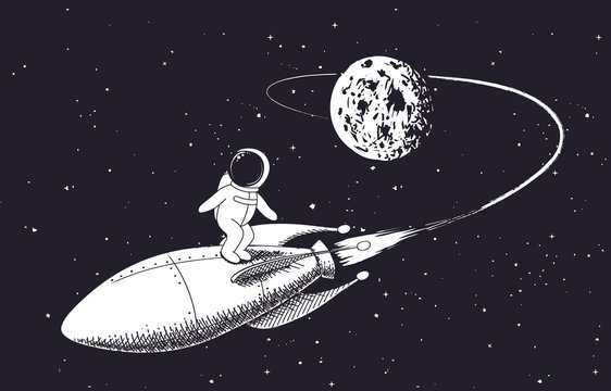 astronaut flies from the Moon on rocket.Childish vector illustration.Prints design