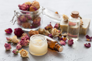 Rose natural cosmetics, close-up