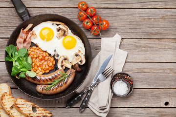 English breakfast. Fried eggs, sausages, bacon
