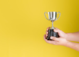 Hand holding silver trophy with text space against yellow background