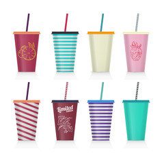 Set of plastic fastfood cup for beverages with straw. Plastic cup mockup