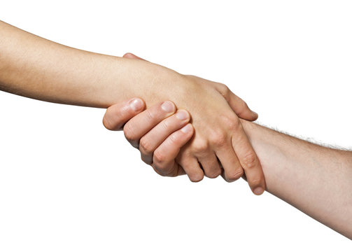 Two hands  united  in a handshake. Concept of  salvation, help, guardianship, protection, love, care etc. Image on white, isolated  background.