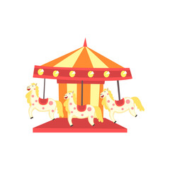 Colorful carnival carousel with horses. Funfair or amusement park icon. Entertainment element for family recreation. Flat vector design for poster, banner or flyer