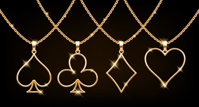 Playing cards suits golden pendants set.