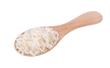 Pile of white rice in spoon on white background